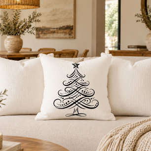 Festive Black White Tree Sketch Throw Pillow Cover