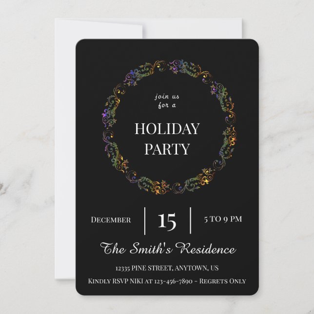 Festive Black Wreath Holiday Party Cute Elegant Invitation (Front)