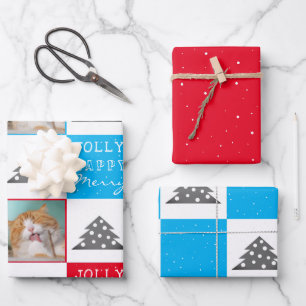 Festive Blue and Red Cat Photo Christmas Tree Wrapping Paper Sheet