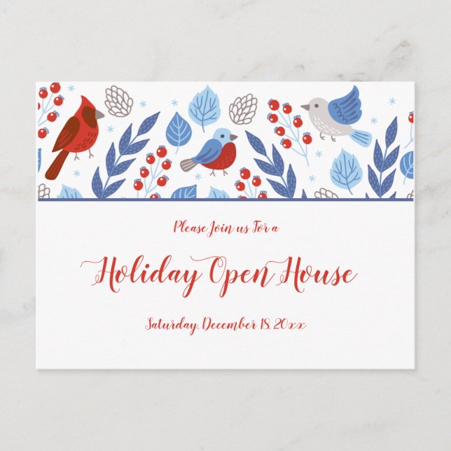 Festive Blue and Red Holiday Open House Postcard (Front)