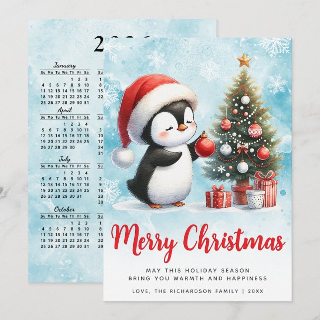 Festive Blue and Red Penguin Merry Christmas Holiday Card (Front/Back)