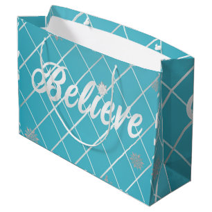 Festive Blue and Silver 'Believe' Holiday  Large Gift Bag