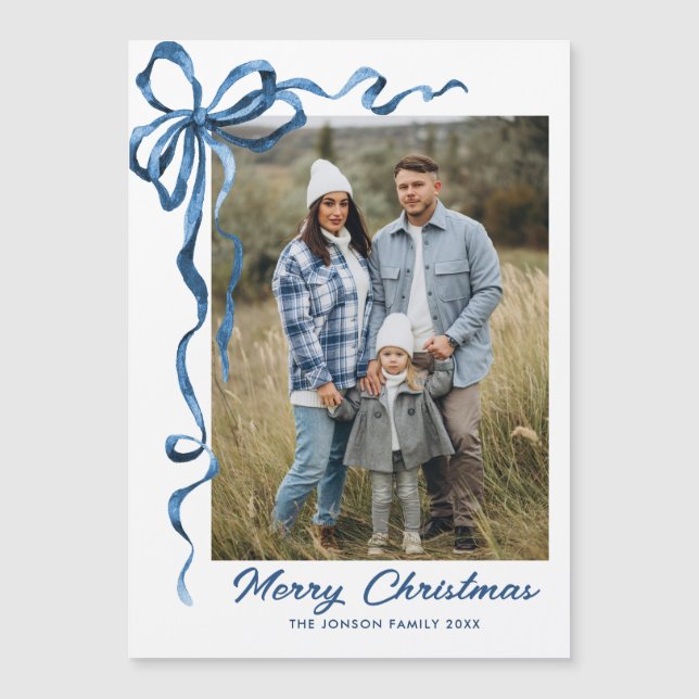 Festive Blue Christmas Bow Photo Magnetic Card (Front)