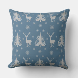Festive Blue Christmas Deer Pattern Throw Pillow