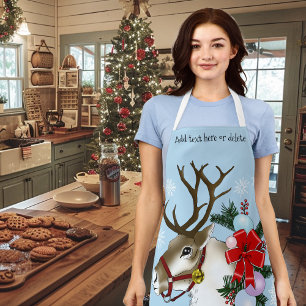 Festive Blue Christmas Reindeer Wreath Apron