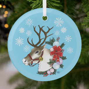 Festive Blue Christmas Reindeer Wreath  Glass Ornament