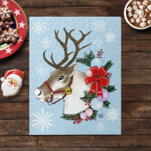 Festive Blue Christmas Reindeer Wreath Jigsaw Puzzle