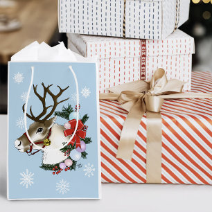 Festive Blue Christmas Reindeer Wreath  Medium Gift Bag