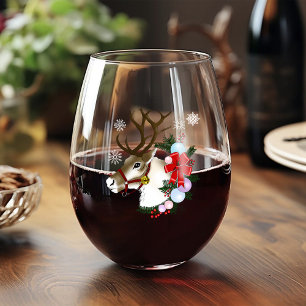Festive Blue Christmas Reindeer Wreath  Stemless Wine Glass