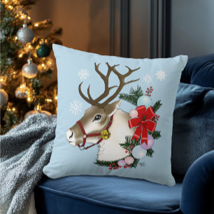 Festive Blue Christmas Reindeer Wreath Throw Pillow