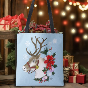 Festive Blue Christmas Reindeer Wreath Tote Bag