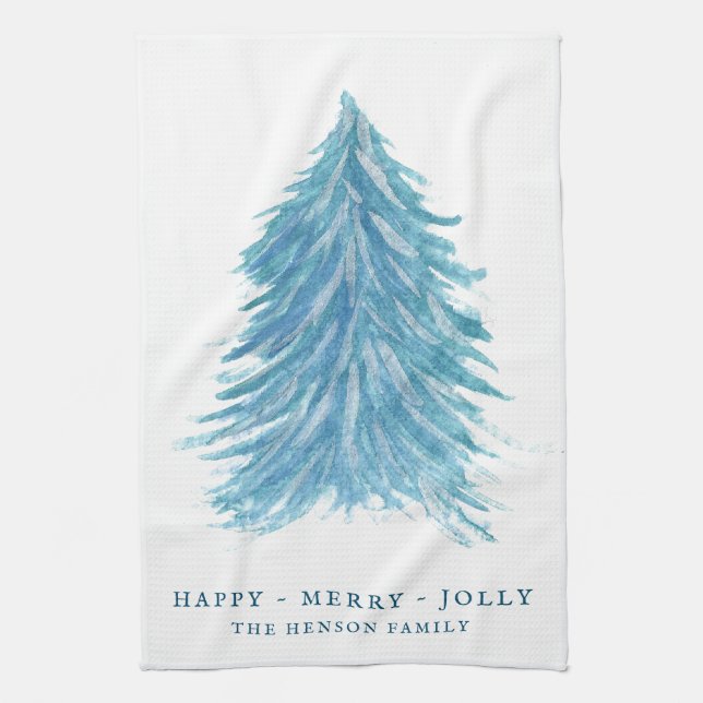 Festive Blue Christmas Tree Watercolor Holiday Kitchen Towel (Vertical)