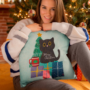 Festive Blue Cute Cat Coffee Merry Christmas Throw Pillow
