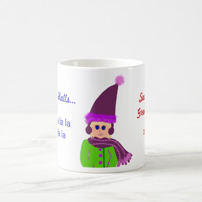 Festive Blue-eyed Girl with Plum Hat & Green Coat Coffee Mug (Center)