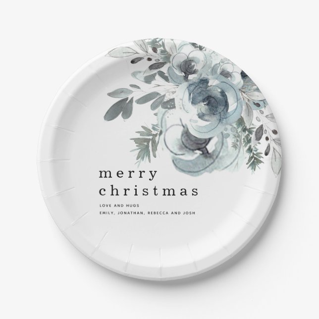 Festive Blue Florals Foliage Names Merry Christmas Paper Plate (Front)