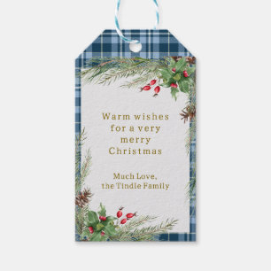 Festive Blue Gingham with Holly Christmas Gift Tags