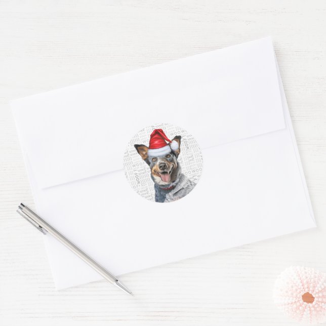 Festive Blue Heeler Dog Woof Word Art Christmas Classic Round Sticker (Envelope)