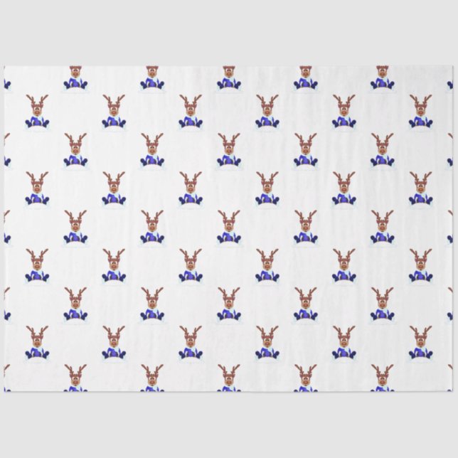 Festive Blue Kasky Christmas Reindeer Tissue Paper (Front)