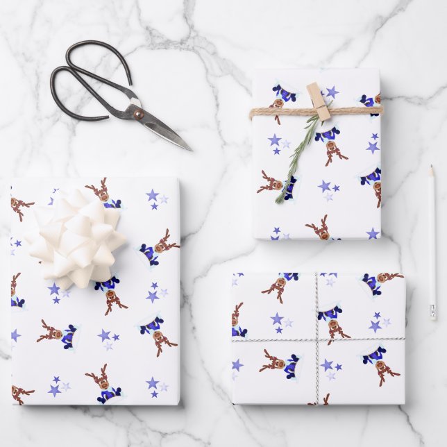 Festive Blue Kasky Christmas Reindeer Wrapping Paper Sheet (Front)