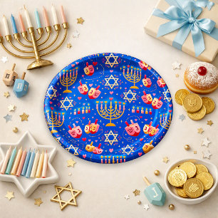 Festive Blue Menorah Dreidel Paper Plate