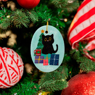 Festive Blue Merry Christmas Cute Black Cat Coffee Ceramic Ornament