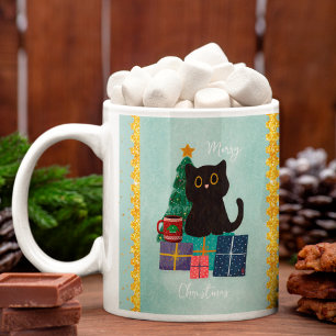Festive Blue Merry Christmas Cute Black Cat Coffee Mug