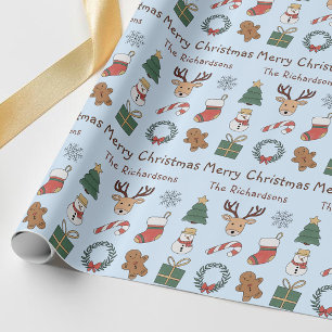 Festive Blue Merry Christmas Cute Holiday Pattern Wrapping Paper
