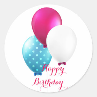 Festive Blue Pink & White Balloons Happy Birthday Classic Round Sticker