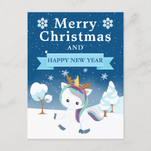 Festive Blue Purple & White Christmas Unicorn Holiday Postcard