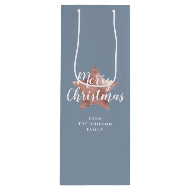 Festive Blue Rose Gold Star Merry Christmas Wine Gift Bag (Front)