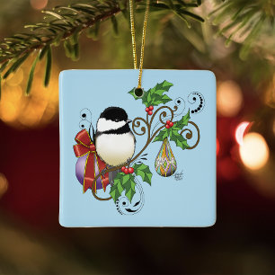 Festive Blue Vintage Christmas Chickadee Ceramic Ornament
