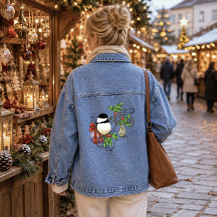 Festive Blue Vintage Christmas Chickadee Denim Jacket