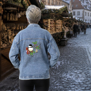 Festive Blue Vintage Christmas Chickadee  Denim Jacket