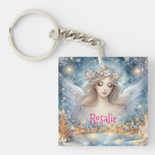 Festive Blue Watercolor Ethereal Frost Snow Angel Keychain