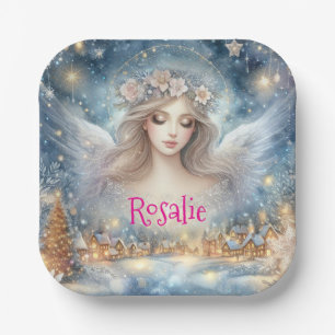 Festive Blue Watercolor Ethereal Frost Snow Angel Paper Plate