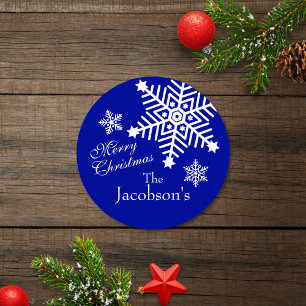 Festive Blue White Merry Christmas Snowflakes Classic Round Sticker