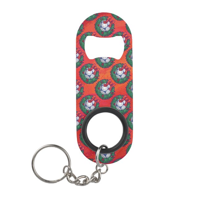 Festive Blue, White Soccer Ball Pattern on Red Keychain Bottle Opener (Front)