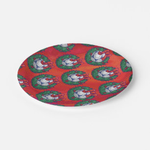 Festive Blue, White Soccer Ball Pattern on Red Paper Plate