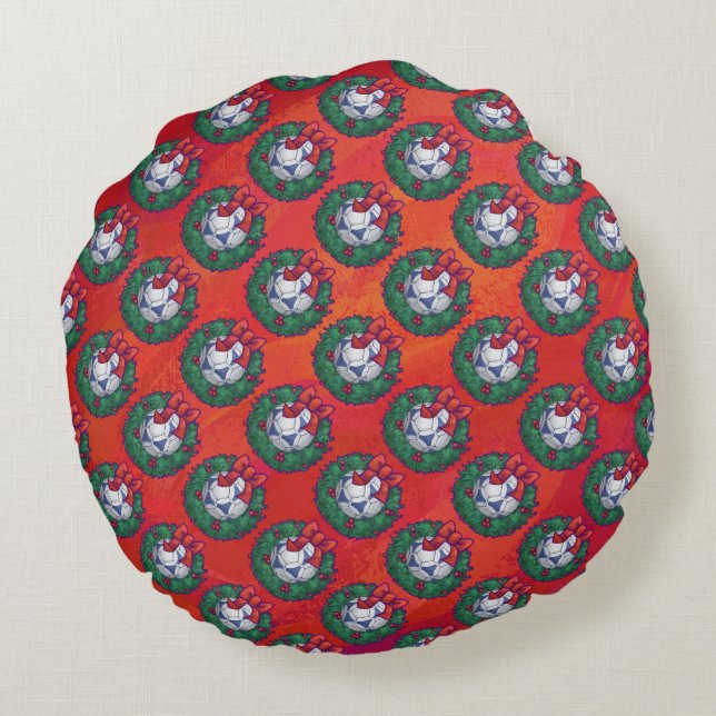 Festive Blue, White Soccer Ball Pattern on Red Round Pillow (Back)