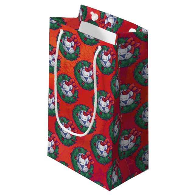 Festive Blue, White Soccer Ball Pattern on Red Small Gift Bag (Front Angled)