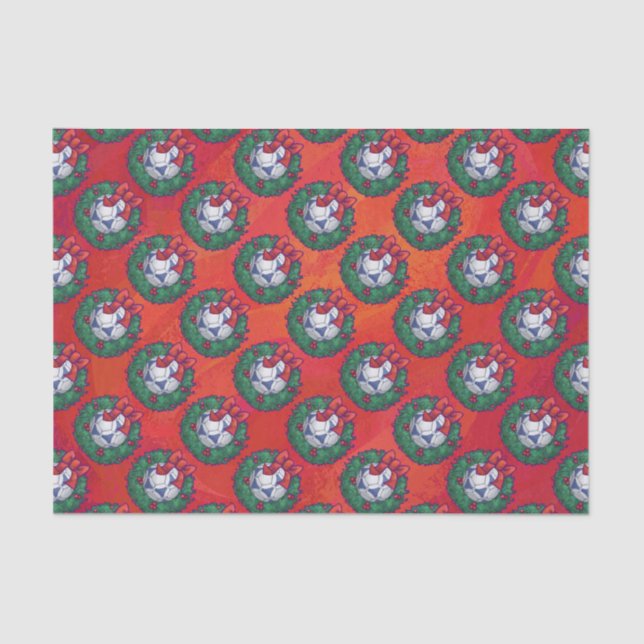 Festive Blue, White Soccer Ball Pattern on Red Tissue Paper (Front)