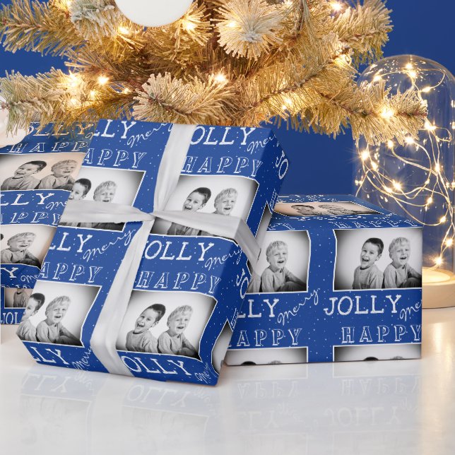 Festive Blue White Typography Christmas Photo Wrapping Paper (Holidays)