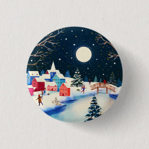 Festive Blue Winter Snow Village  1 Inch Round Button