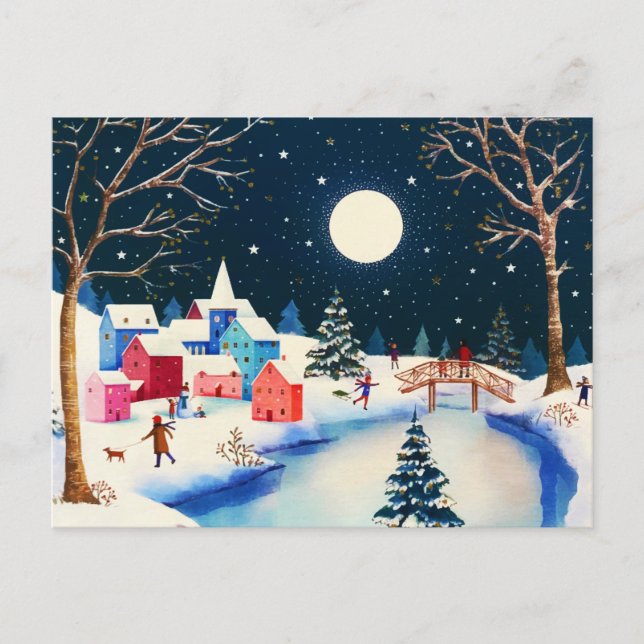 Festive Blue Winter Snow Village  Holiday Postcard (Front)