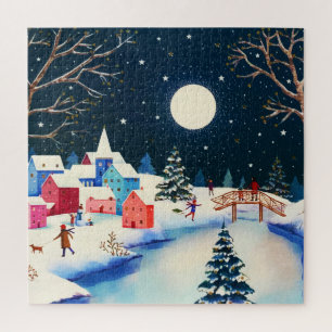 Festive Blue Winter Snow Village Jigsaw Puzzle