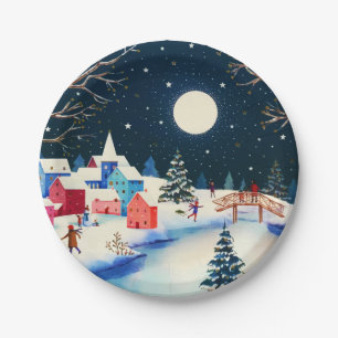Festive Blue Winter Snow Village  Paper Plate