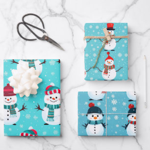 Festive Blue Winter Wonderland Snowmen Christmas Wrapping Paper Sheet
