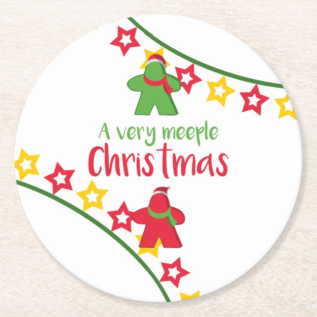Festive Board Game Meeple Christmas Round Paper Coaster (Front)