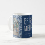 Festive Boho Pattern 2 Photo Family Holiday Coffee Mug<br><div class="desc">Festive blue hand drawn boho pattern,  2 photo family holiday mug. Design features two arch frame photo spaces,  Bright and Merry word-art logo,  text lines for family name and year.</div>