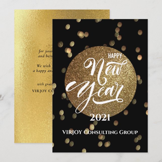 Festive Bokeh Gold Confetti Elegant Black Business Holiday Card (Front/Back)